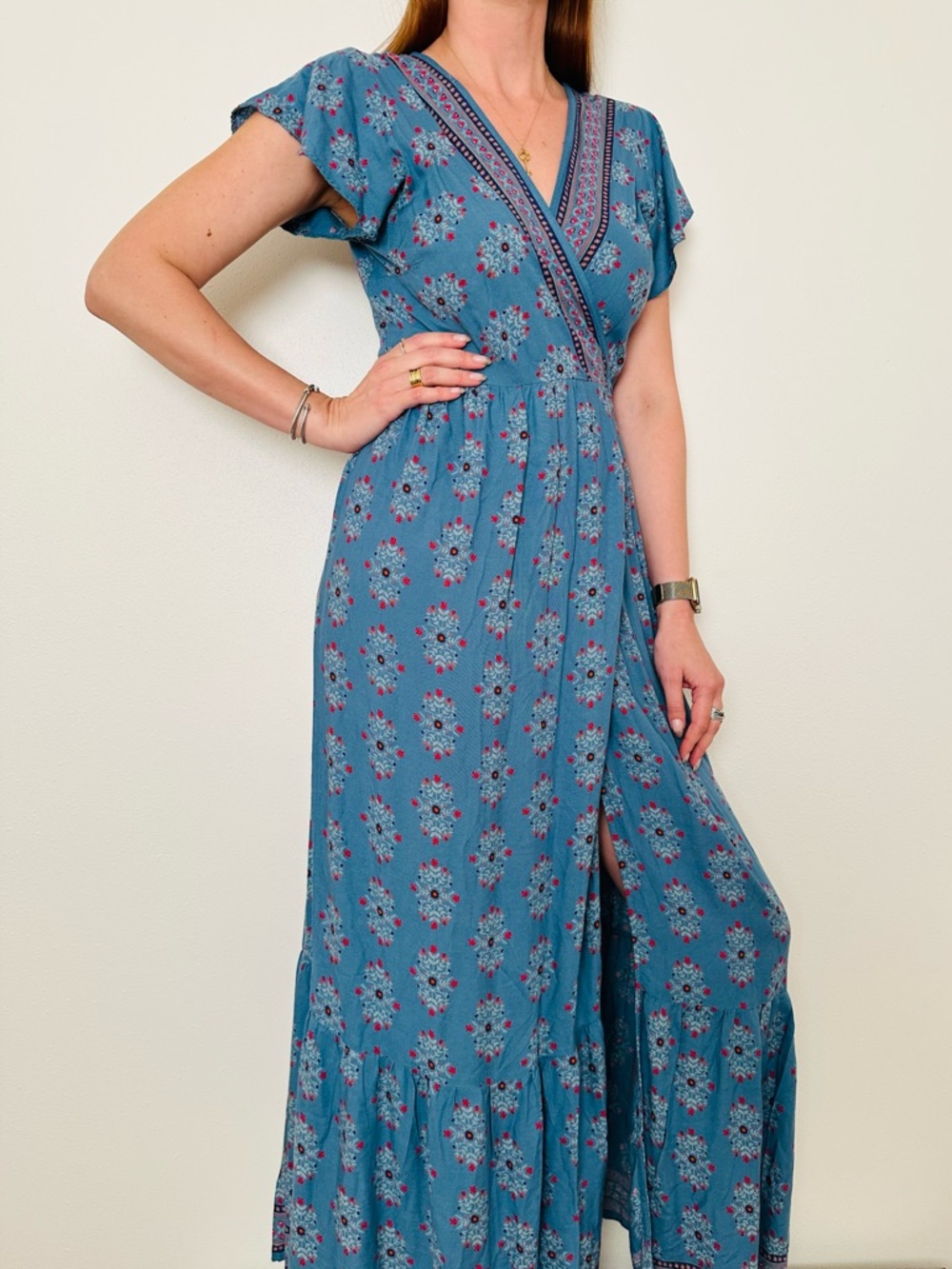 Natural Life Boho Floral Wrap Maxi Dress Flutter Sleeve Blue Red Cotton Boho